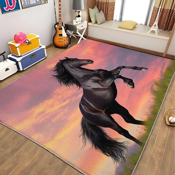 Animal Frisian Horse Area Rugs, Black Equestrian Carpet, Washable Non Slip Low Pile Soft Rug for Living Room Bedroom Dining Room Office Home Decor Mat 2x3ft