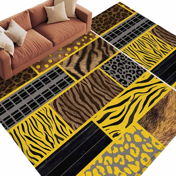 Animal Fur Print Area Rug 5x8 Washable Rug Non Slip Yellow Grey Giraffe Zebra Striped Abstract Large Area Rug Soft Stainresistant Indoor Floor Carpet for Living Room Bedroom Office Dining Room