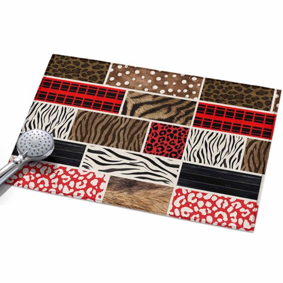 Animal Fur Print Entryway Rug 2x3ft Washable Non Slip Bathroom Rug Indoor Floor Front Door Mat Red Brown Giraffe Zebra Striped Plaid Rectangle Area Rugs Carpet for Kitchen Office Dining Room Home