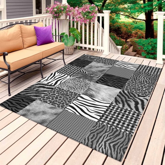 Animal Fur Print Outdoor Rug 5x7 Ft, Non Slip Washable Area Rug, Grey Black Giraffe Zebra Striped Plaid Patio Rugs Carpet Runner, Large Floor Mat for Indoor/Outdoor Deck Porch Camping