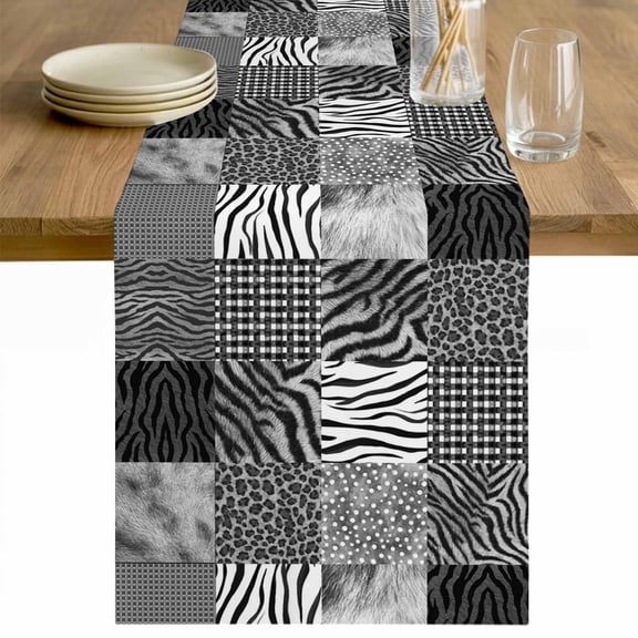 Animal Fur Print Table Runner - 48 Inch Long Grey Black Giraffe Zebra Striped Plaid Cotton and Linen Blended Dress Scarves Farmhouse Table Runner for Kitchen Dining, Coffee Table, 13" x 48"