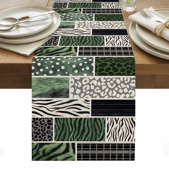Animal Fur Print Table Runner Green Giraffe Zebra Striped Abstract Tablerunners 13 x 70 Inch, Table Decorations Tabletop Scarf for Summer Gathering Holiday Farmhouse Kitchen Dining Decor