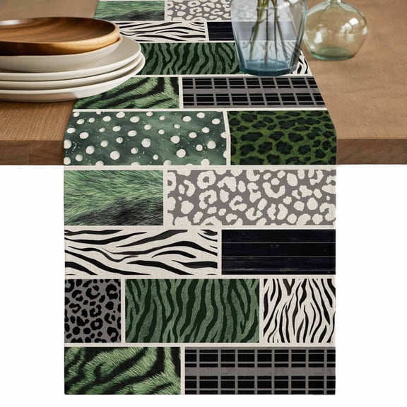 Animal Fur Print Table Runner, Green Giraffe Zebra Striped Abstract Washable Cotton Linen Table Runners 120 Inches Long, Dresser Scarf Runner for Dining/Living Room/Kitchen/Square Tables 13''x120''