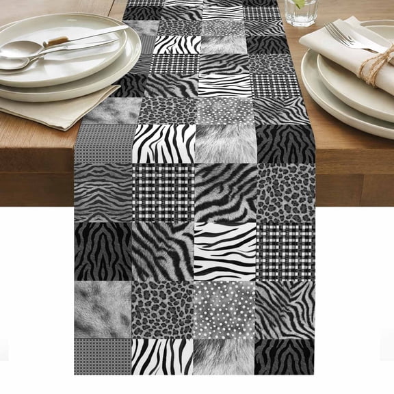Animal Fur Print Table Runner Grey Black Giraffe Zebra Striped Plaid Tablerunners 13 x 48 Inch, Table Decorations Tabletop Scarf for Summer Gathering Holiday Farmhouse Kitchen Dining Decor