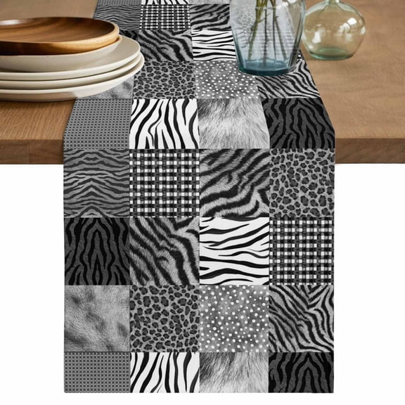 Animal Fur Print Table Runner, Grey Black Giraffe Zebra Striped Plaid Washable Cotton Linen Table Runners 72 Inches Long, Dresser Scarf Runner for Dining Tables/TV Stands/Coffee/Cabinets 18''x72''