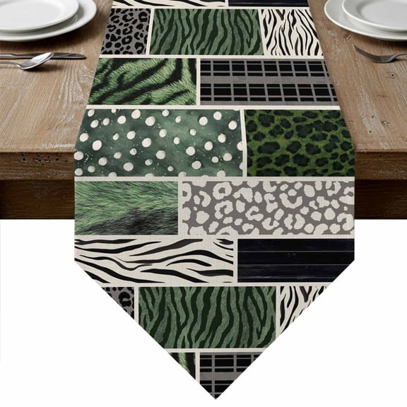 Animal Fur Print Table Runner Linen Burlap Table Runner 36 Inches Small Green Giraffe Zebra Striped Abstract Dresser Scarves for Kitchen Island Coffee Dining Room Party Wedding Holiday Decor 13"x36"