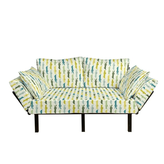 Animal Futon Couch, Crocodile Characters in Cartoon Style Funny Faces Animal Alligators, Daybed with Metal Frame Upholstered Sofa for Living Dorm, Loveseat, Yellow Green Teal, by Ambesonne
