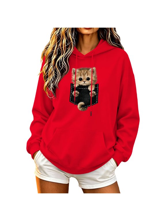 Animal Graphic Hoodie for Women Long Sleeve Pullover Sweatshirt Casual Fall Holiday Party Tops Relaxed Seasonal Daily Wear Outfit Layer Style Weekend Red XL