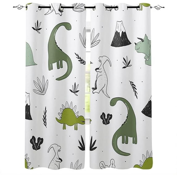Animal Green Dinosaur Blackout Curtains, Simple Green Plants Window Treatment Set, Grommet Curtains For Living Room/Bedroom, Heat Insulation Noise Reduction Drapes 53"W x 96"L (Pack of 2)