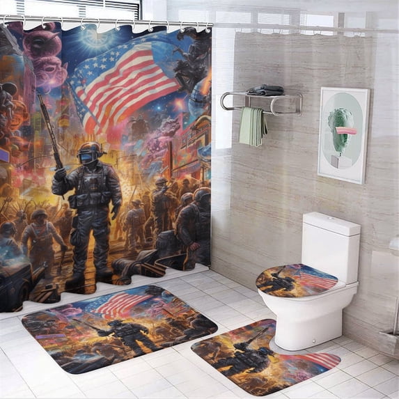 Animal Guardian America 4 Piece Shower Curtain Sets, with Non-Slip Rugs, Toilet Lid Cover And Bath Mat, for Bathroom Decor Set