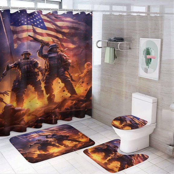 Animal Guardian America Bathroom Sets with Shower Curtain And Rugs, Incl with 12 Hooks，Toilet Lid Oval Rug