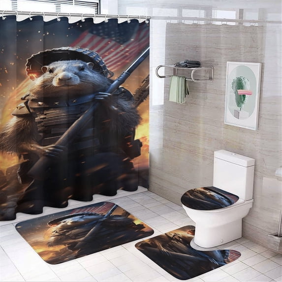 Animal Guardian America Bathroom Sets with Shower Curtain And Rugs, Incl with 12 Hooks,Toilet Lid Oval Rug