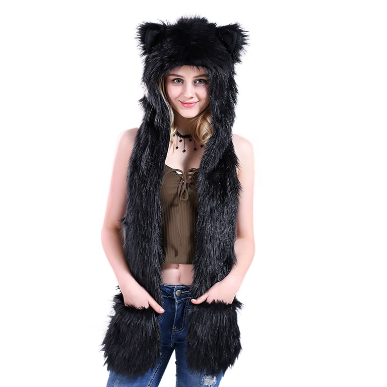 Animal Hat Hood Scarf with Paws Mittens Attached Winter Cap  display picture 1