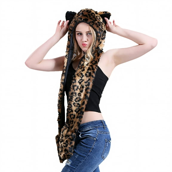 Animal Hat Hood Scarf with Paws Mittens Attached Winter Cap-Leopard