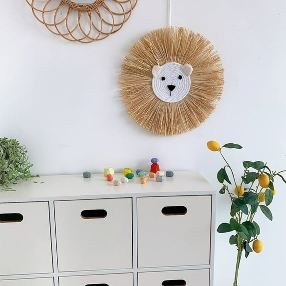 Animal Head Hand-Woven Wall Hanging Craft,Cartoon Lion Tiger Straw and Cotton Thread Weaving Wall Pendant,Nursery Room Wall Art Decor for Home Bedroom Living Room Decoration