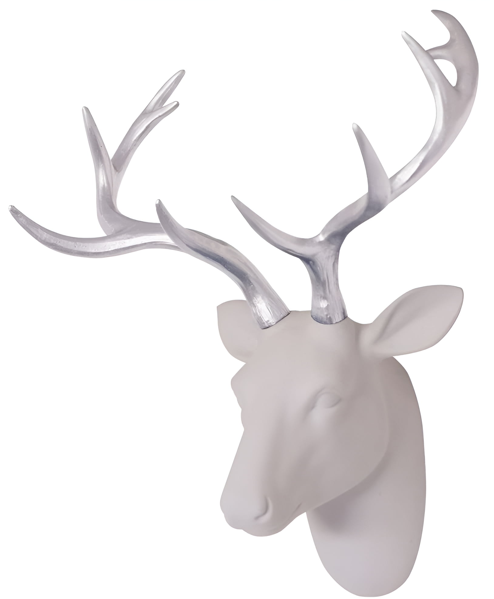 Animal Head Wall Decor, White Fake Furry/Felt/Velvety Resin Deer Head With Silver Antlers For Wall Decoration, Size 16" x 12" x 7.5"