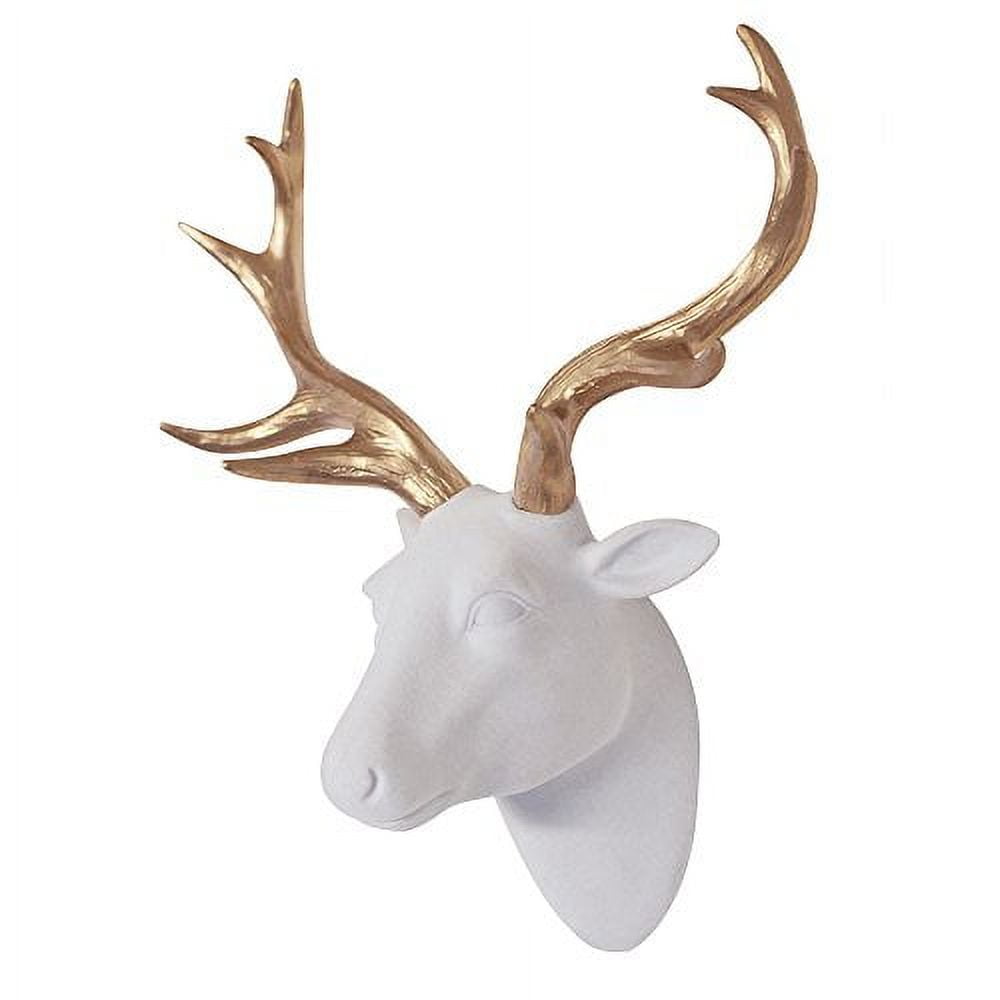 Animal Head Wall Decor, White Faux Furry/Felt/Velvety Resin Deer Head with Gold Antlers For Wall Mount Decoration, Size 10" x 5.5" x 12" by Smarten Arts