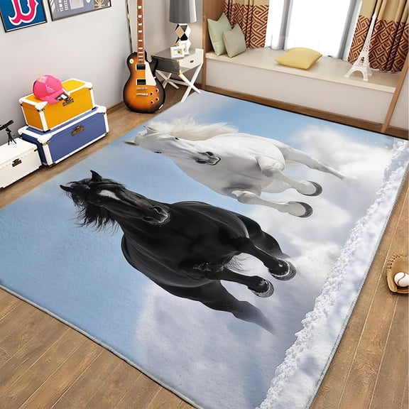 Animal Horse Area Rugs, Black White Equestrian Carpet, Washable Non Slip Low Pile Soft Rug for Living Room Bedroom Dining Room Home Office Decor Mat 2x3ft