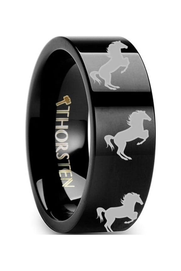 Animal Horse Hind Legs Print Ring Engraved Flat Black Tungsten Ring - 4mm - 12mm
