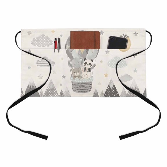 Animal Hot Air Balloon Kitchen Restaurant Half Waist Apron, Panda Elephant Bear Rabbit Mountains Server Short Apron with 3 Pockets Waterproof Oil Waist Aprons for Women Waitress Waiter