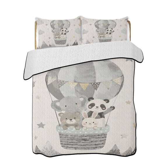 Animal Hot Air Balloon Quilts Bedding Set Twin Size Panda Elephant Bear Rabbit Mountains Lightweight Quilted Bedspread 3 Piece Bed Quilt with 2 Pillow Shams All Season for Bedroom 68" x 86"