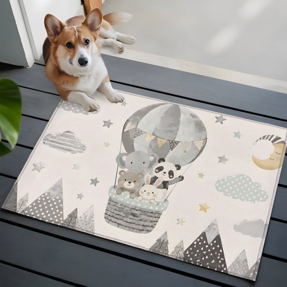 Animal Hot Air Balloon Small Area Rugs 2x3 Panda Elephant Bear Rabbit Mountains Entryway Rugs Washable Door Mat, Low-Profile Area Rugs Non Slip Floor Carpet for Living Room Bedroom Home Office