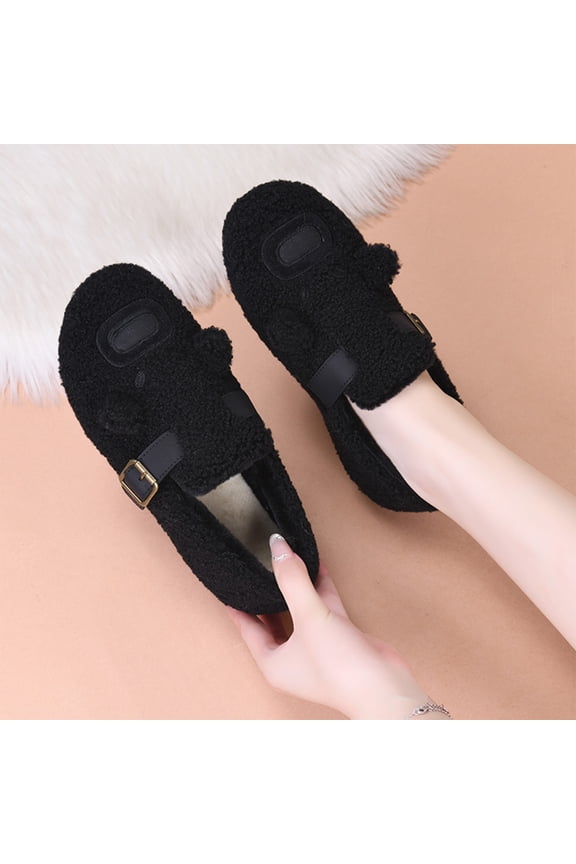 Animal House Shoes,Women's Cute Bear Fleece Loafer Slippers, Fuzzy Warm Animal Clogs With Decorative Buckle Strap Soft Comfort Foam Insole Durable Non Slip Sole Indoor House Walking Shoe,Black 6
