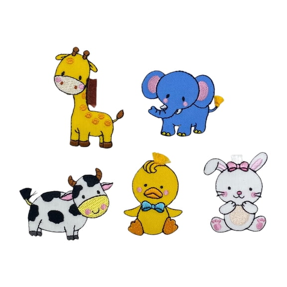 Animal Iron On Patches Set of 5 | Giraffe Elephant Cow Duck Bunny | Embroidered Applique for Fabric Crafts Wall Art Quilts Tote Bags | DIY Iron On Decoration | 2 Inch