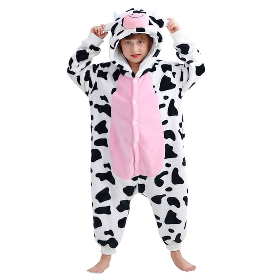 Animal Jumpsuit for Kids Cute Cow Hooded Romper Halloween Cosplay Costume Girls Boys Christmas Sleepwear Flannel One Piece Loungewear 3-12Years