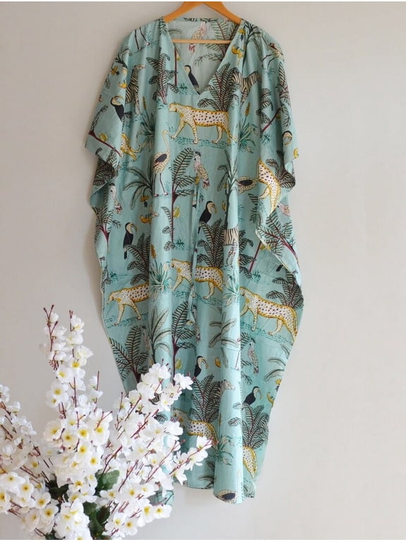Animal Jungle Print Greenish Cotton Fabric Indian Kaftan Dress Long Top Caftan, Dress Beach Wear Cover up, Printed Sleepwear Maxi Dress Boho Kimono Robe