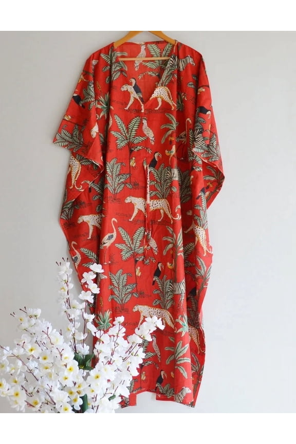 Animal Jungle Print Red Cotton Fabric Indian Kaftan Dress Long Top Caftan, Dress Beach Wear Cover up, Printed Sleepwear Maxi Dress Boho Kimono Robe