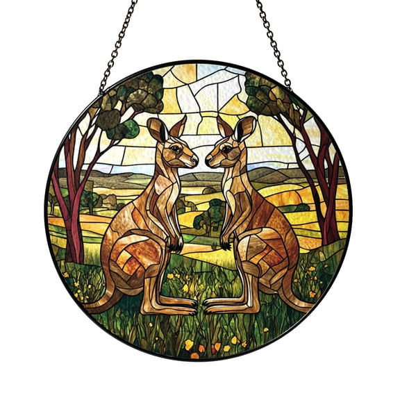 Animal Kangaroo Window Panel with Stained Glass Look, Home Window Decor