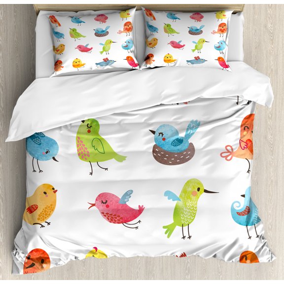 Animal King Size Duvet Cover Set, Colorful Cute Birds Watercolor Effect Humor Funny Mascots Paint Brush Art Kids Design, Decorative 3 Piece Bedding Set with 2 Pillow Shams, Multi, by Ambesonne