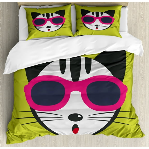 Animal King Size Duvet Cover Set, Cute Kitten Wearing Pink Sun Glasses Cool Modern Hipster Cat Fashion Fun Pets Art Print, Decorative 3 Piece Bedding Set with 2 Pillow Shams, Multi, by Ambesonne