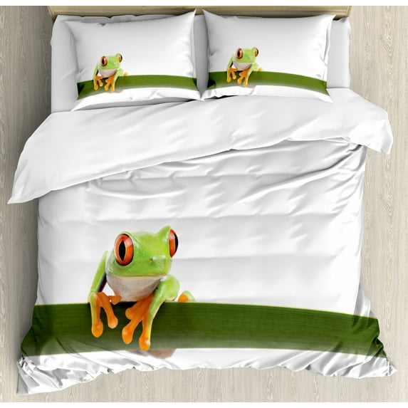 Animal King Size Duvet Cover Set, Red Eyed Tree Frog Perches on a Long Slim Leaf Tropic Rainforest Animal Wild Life, Decorative 3 Piece Bedding Set with 2 Pillow Shams, Green White, by Ambesonne