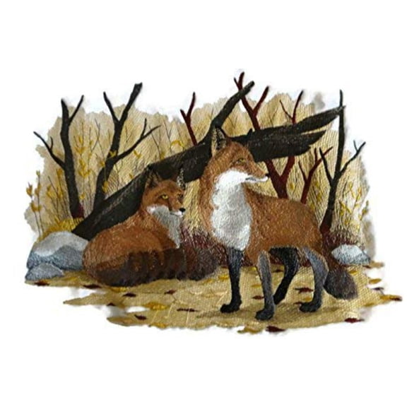 Animal Kingdom [Autumn Fox Pair ] Embroidered Iron on/Sew Patch [12" X 8.5"]