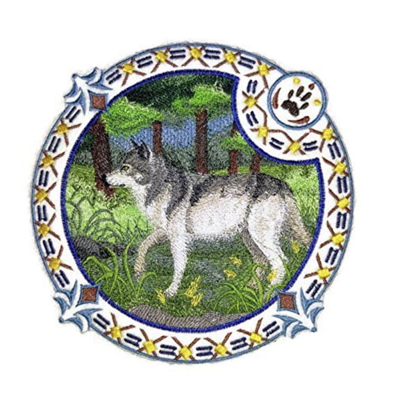 Animal Kingdom [Gray Wolf Shield ] Embroidered Iron on/Sew patch [7" X 7"]
