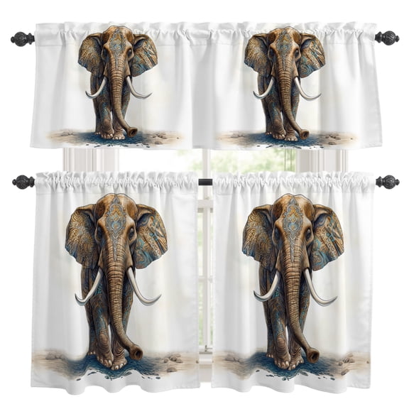 Animal Kitchen Curtains Valance and Tier Set Elephant Stone Ivory Ear Nose Retro Pattern Rod Pocket Short Curtains for Small Window 3 Pieces Set for Bedroom Bathroom Cafe (54" x 18"+27" x 36")
