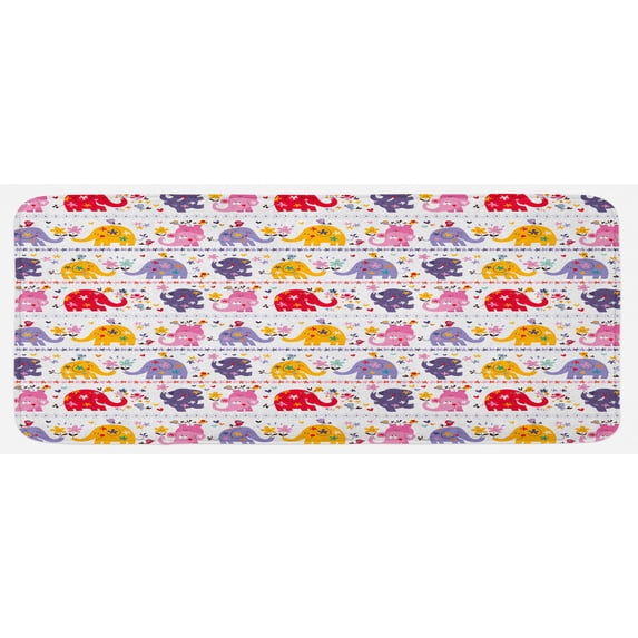 Animal Kitchen Mat, Dancing Floral Characters Smiling Faces Colorful Daisies Singing Birds, Plush Decorative Kitchen Mat with Non Slip Backing, 47" X 19", Multicolor, by Ambesonne