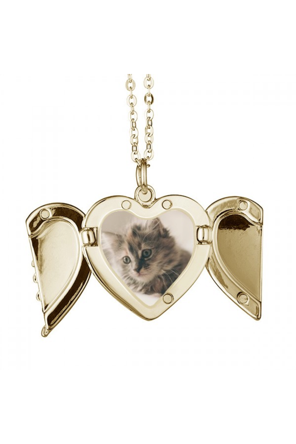 Animal Kitty Gray Cat Photograph Folded Wings Peach Heart Pendant Necklace