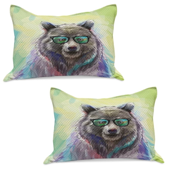 Animal Knitted Quilt Pillowcover Set of 2, Funny Cool Low Wild Hipster Bear Spectacles Colorful Portrait Themed Print, Standard Queen Pillow Sham Bedroom, 30" x 20", Lime Green Purple, by Ambesonne