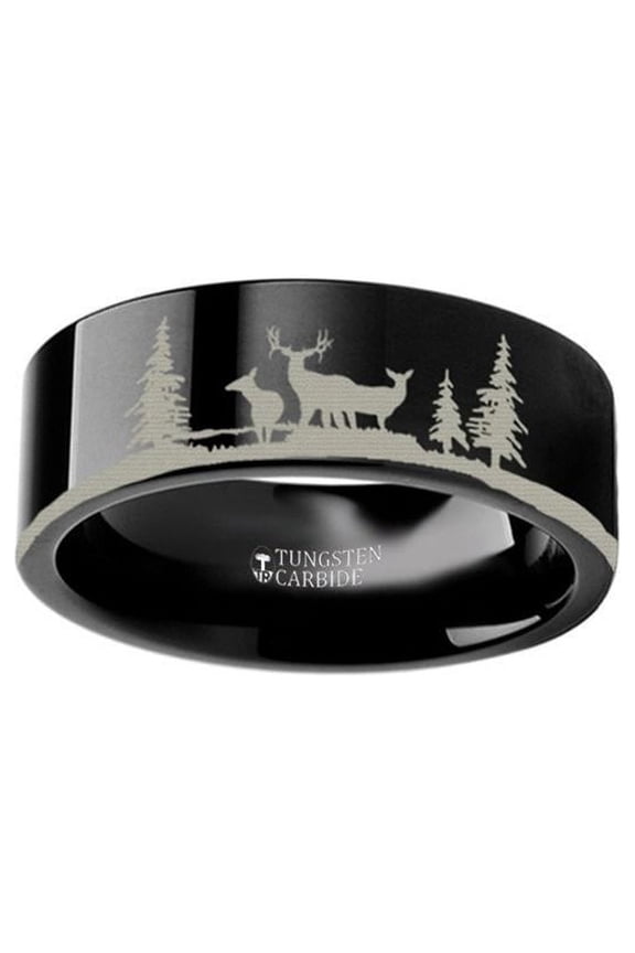 Animal Landscape Scene Reindeer Deer Stag Ring Engraved Flat Black Tungsten Ring - 6mm - Size 6.5