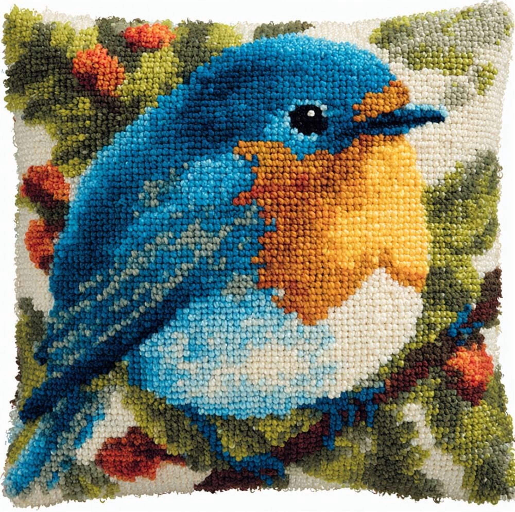 Animal Latch Hook Cushion Kit, Blue Robin Knitting Kits Cushion, 43X43Cm/17X17 Inch Rug Making Kit For Starters, Latch Hook Kits For Beginners Adults Or Children