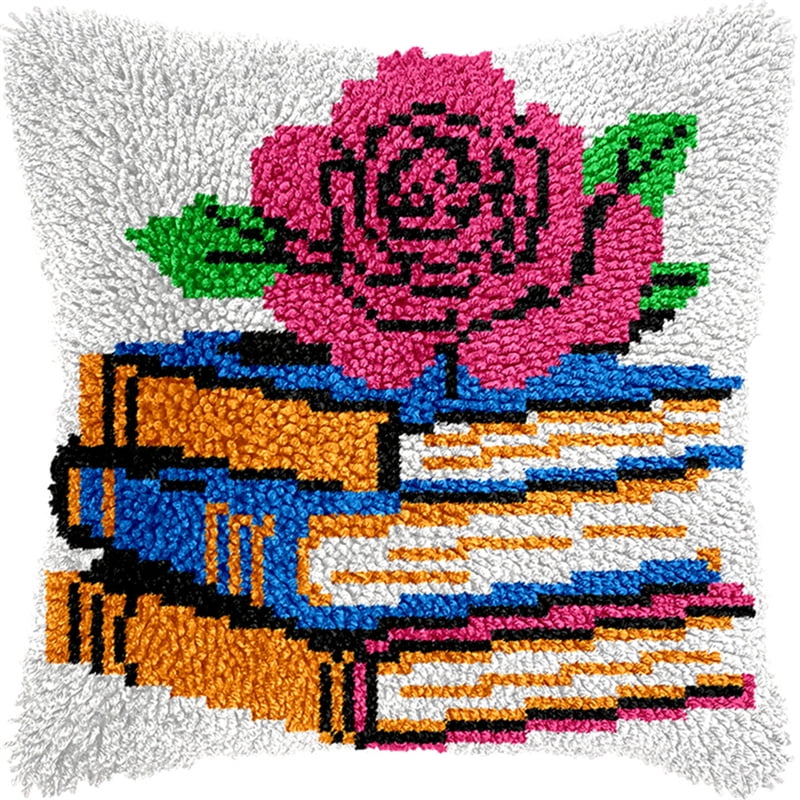 Animal Latch Hook Cushion Kit, Books And Roses Knitting Kits Cushion, 43X43Cm/17X17 Inch Rug Making Kit For Starters, Latch Hook Kits For Beginners Adults Or Children