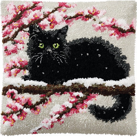 Animal Latch Hook Cushion Kit, Cat On Plum Blossom Knitting Kits Cushion, 43X43Cm/17X17 Inch Rug Making Kit For Starters, Latch Hook Kits For Beginners Adults Or Children