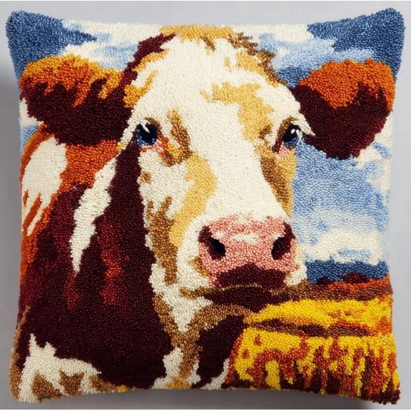 Animal Latch Hook Cushion Kit, Cattle Knitting Kits Cushion, 43X43Cm/17X17 Inch Rug Making Kit For Starters, Latch Hook Kits For Beginners Adults Or Children