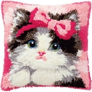 Animal Latch Hook Cushion Kit, Cute Kitten with A Pink Bow Knitting Kits Cushion, 43X43Cm/17X17 Inch Rug Making Kit for Starters, Latch Hook Kits for Beginners Adults