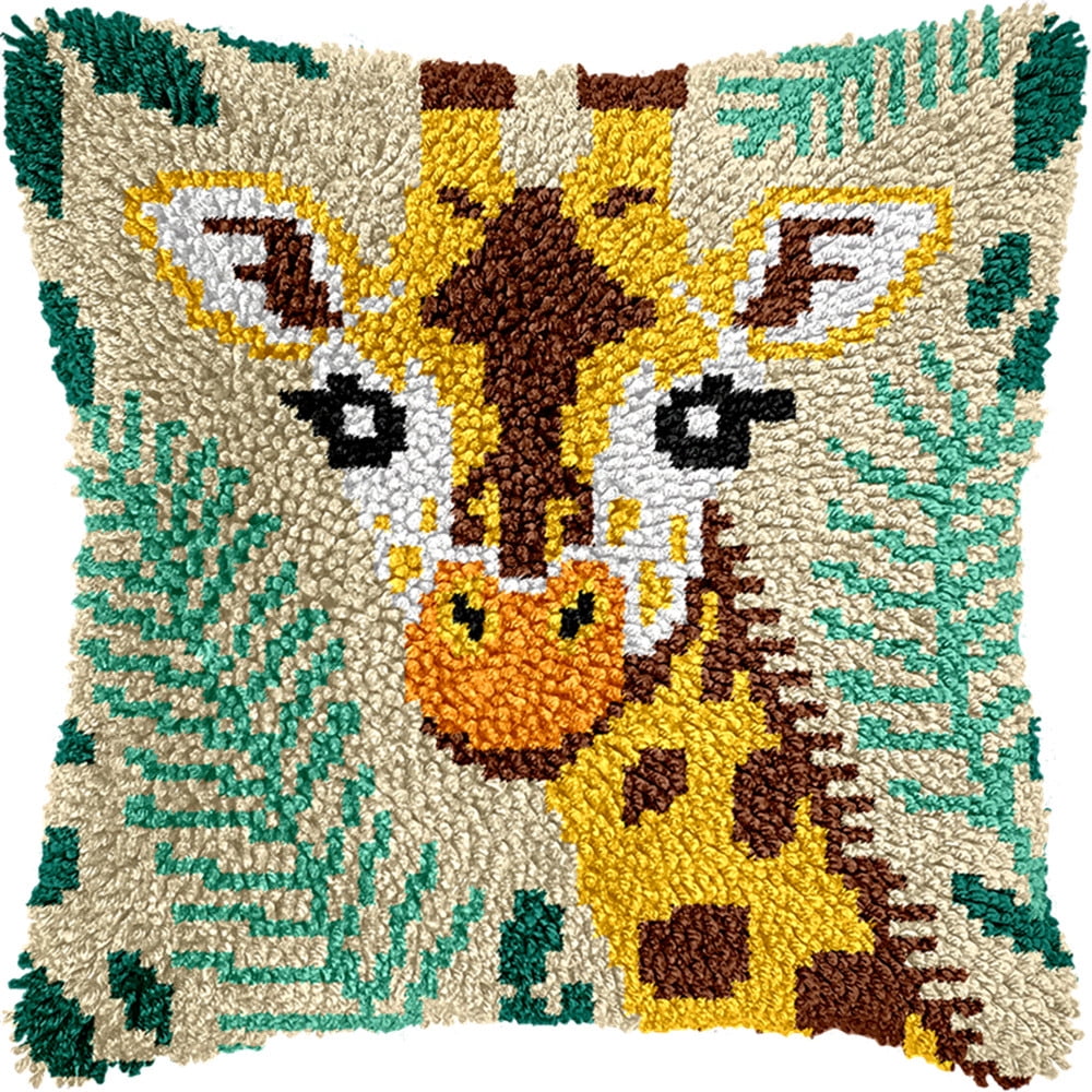 Animal Latch Hook Cushion Kit, Giraffe And Plant Leaves Knitting Kits Cushion, 43X43Cm/17X17 Inch Rug Making Kit For Starters, Latch Hook Kits For Beginners Adults Or Children