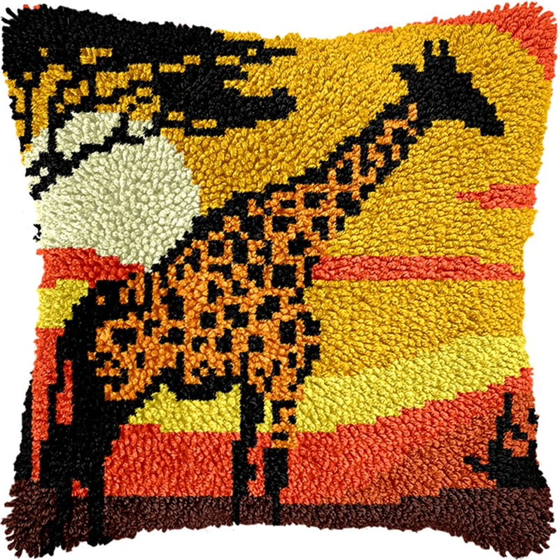 Animal Latch Hook Cushion Kit, Giraffe At Sunset Knitting Kits Cushion, 43X43Cm/17X17 Inch Rug Making Kit For Starters, Latch Hook Kits For Beginners Adults Or Children