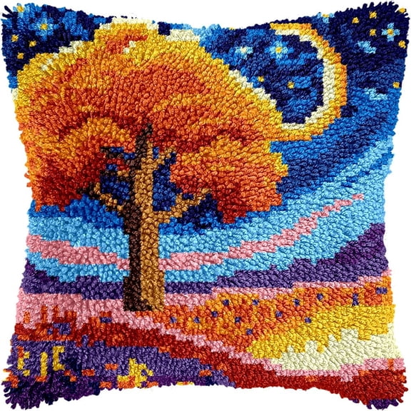 Animal Latch Hook Cushion Kit, Night View Knitting Kits Cushion, 43X43Cm/17X17 Inch Rug Making Kit For Starters, Latch Hook Kits For Beginners Adults Or Children
